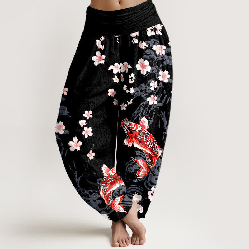 Buddha Stones Pantalones harem de algodón con estampado de carpas koi y flores de cerezo para mujer, con cintura elástica. - Negro - US16，UK/AU20，EU48 (3XL) - image 5