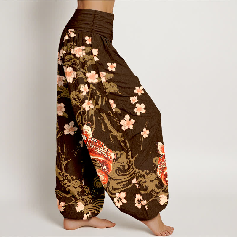Buddha Stones Pantalones harem de algodón con estampado de carpas koi y flores de cerezo para mujer, con cintura elástica. - image 9