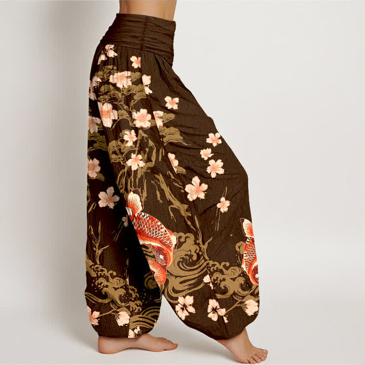 Buddha Stones Pantalones harem de algodón con estampado de carpas koi y flores de cerezo para mujer, con cintura elástica. - image 9