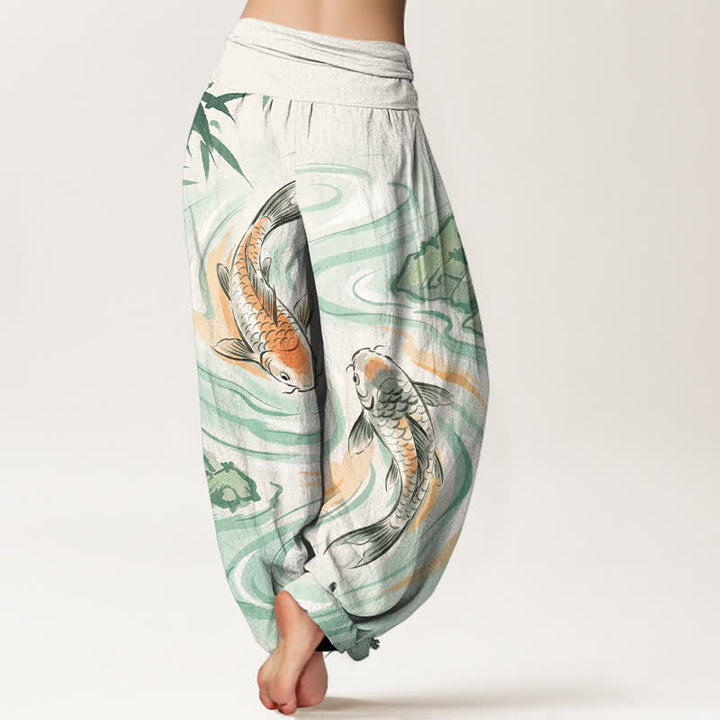 Buddha Stones Pantalones harem de algodón con estampado de olas y peces koi para mujer, con cintura elástica. - image 1