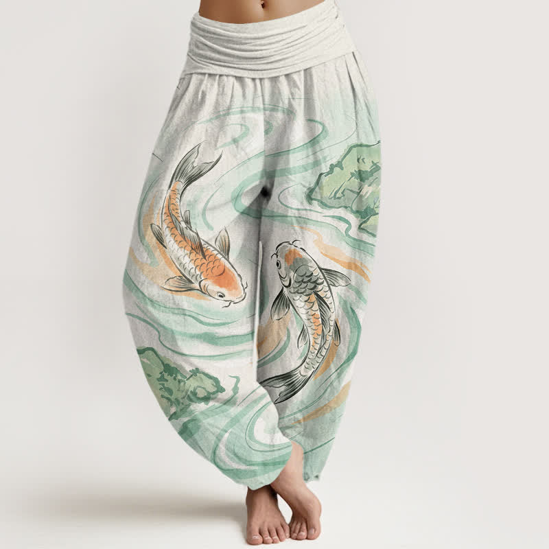 Buddha Stones Pantalones harem de algodón con estampado de olas y peces koi para mujer, con cintura elástica. - Gotas de miel - US16，UK/AU20，EU48 (3XL) - image 0
