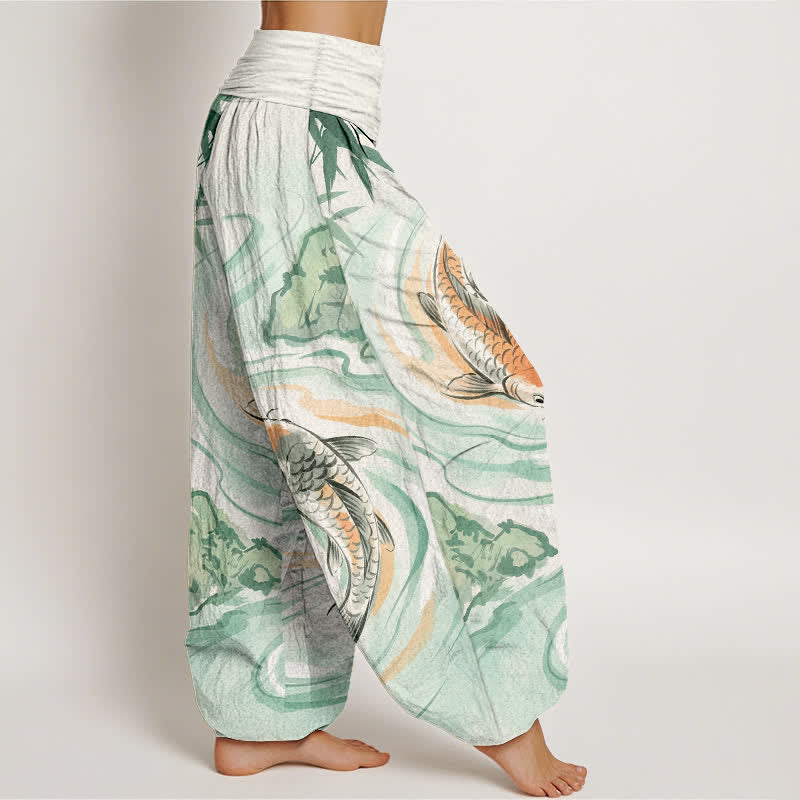 Buddha Stones Pantalones harem de algodón con estampado de olas y peces koi para mujer, con cintura elástica. - image 2