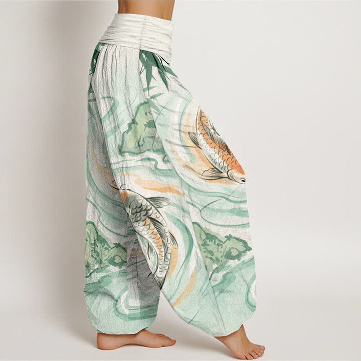 Buddha Stones Pantalones harem de algodón con estampado de olas y peces koi para mujer, con cintura elástica. - image 2