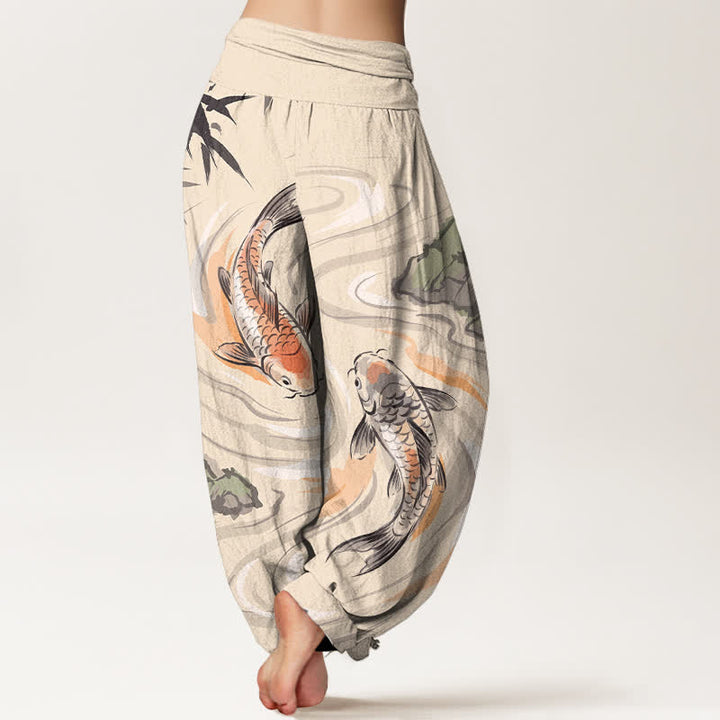 Buddha Stones Pantalones harem de algodón con estampado de olas y peces koi para mujer, con cintura elástica. - image 7