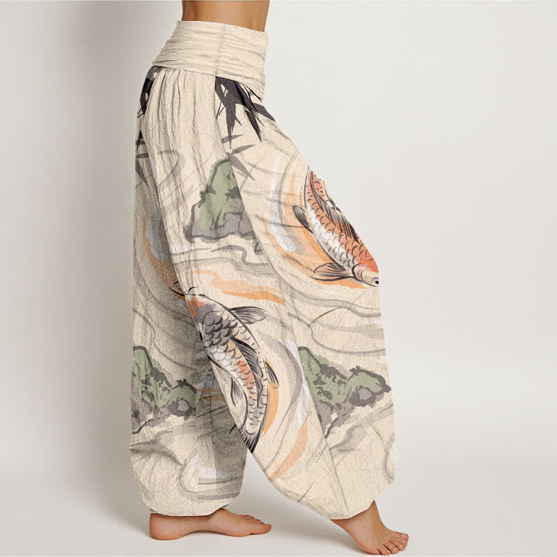 Buddha Stones Pantalones harem de algodón con estampado de olas y peces koi para mujer, con cintura elástica. - image 6