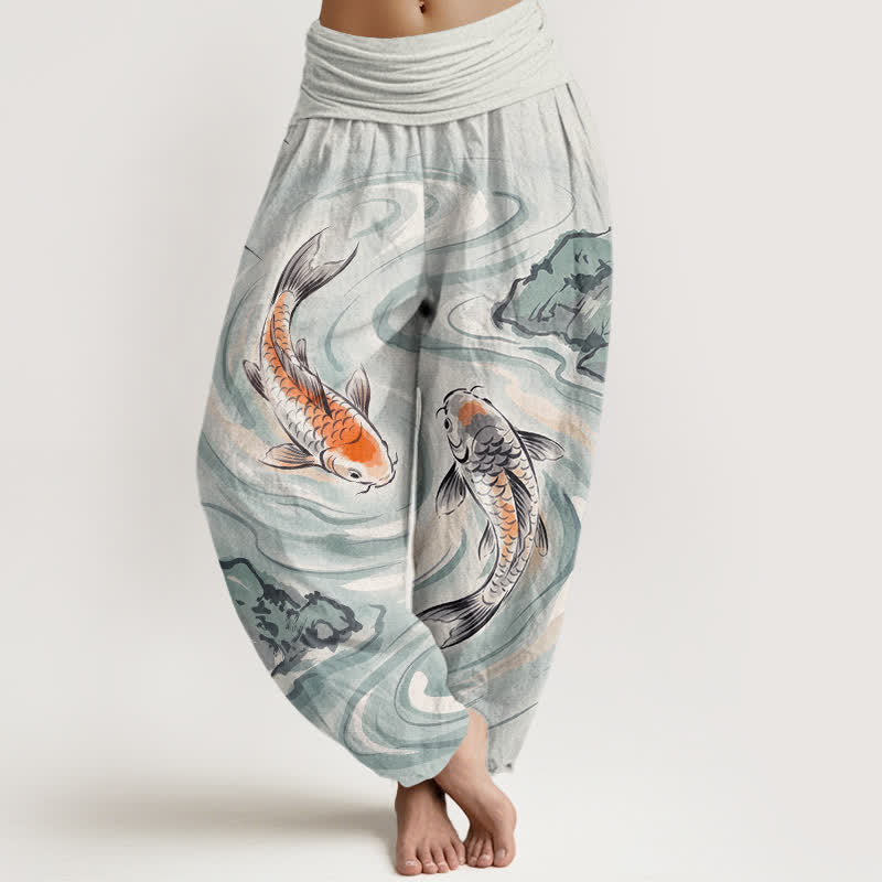 Buddha Stones Pantalones harem de algodón con estampado de olas y peces koi para mujer, con cintura elástica. - AliciaAzul - US16，UK/AU20，EU48 (3XL) - image 8