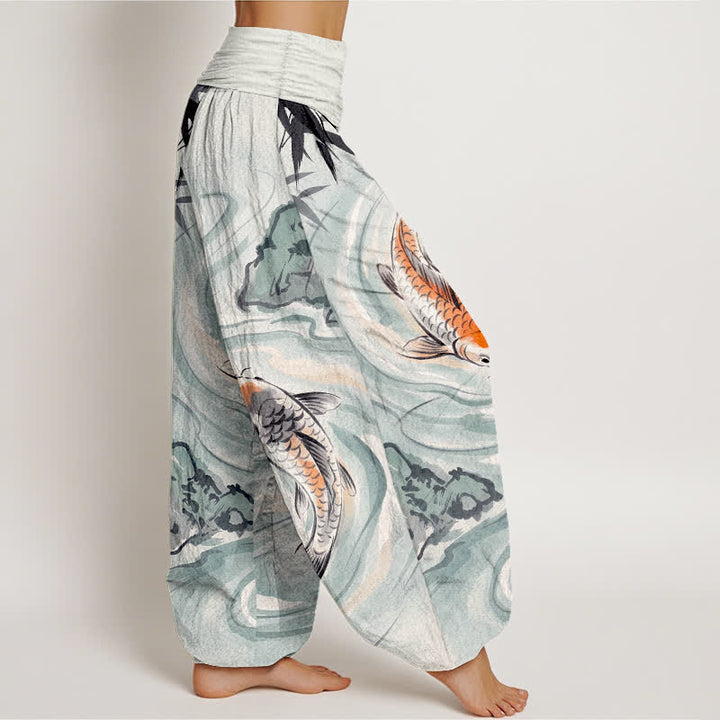 Buddha Stones Pantalones harem de algodón con estampado de olas y peces koi para mujer, con cintura elástica. - image 9