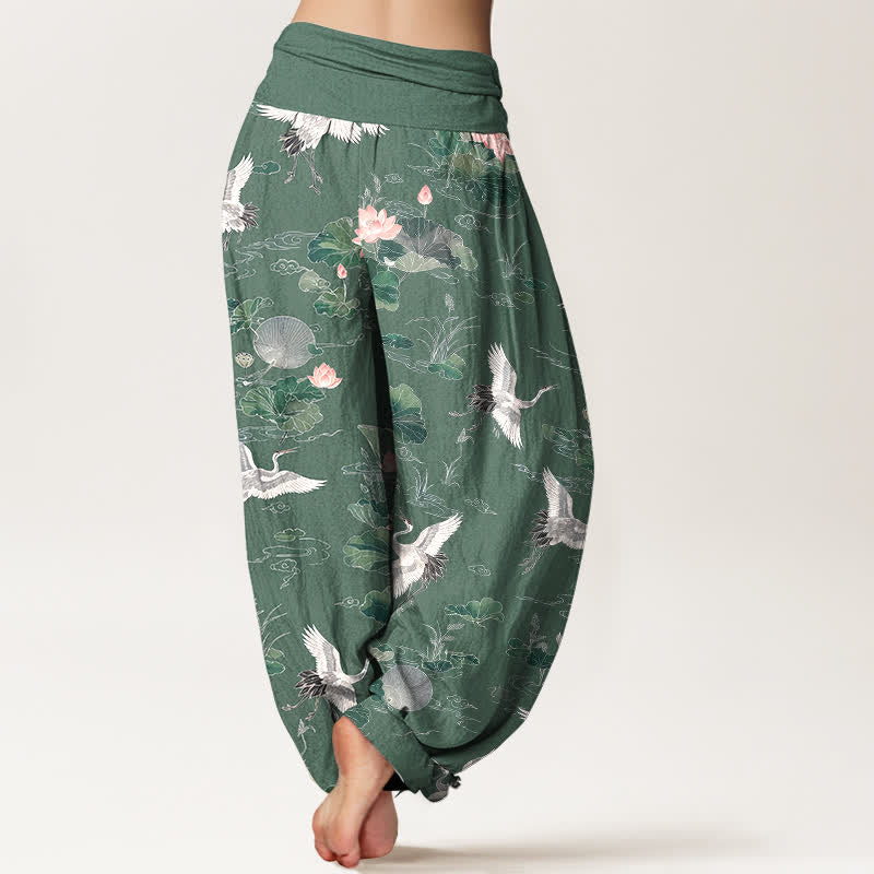 Buddha Stones Pantalones harem de algodón elegantes con estampado de grulla y loto para mujer con cintura elástica. - image 2