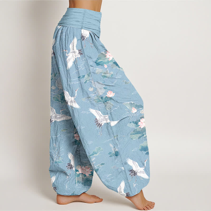 Buddha Stones Pantalones harem de algodón elegantes con estampado de grulla y loto para mujer con cintura elástica. - image 6