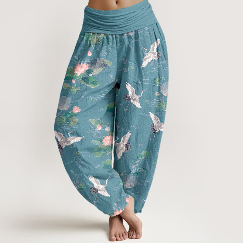 Buddha Stones Pantalones harem de algodón elegantes con estampado de grulla y loto para mujer con cintura elástica. - Turquesa medio - US16，UK/AU20，EU48 (3XL) - image 8