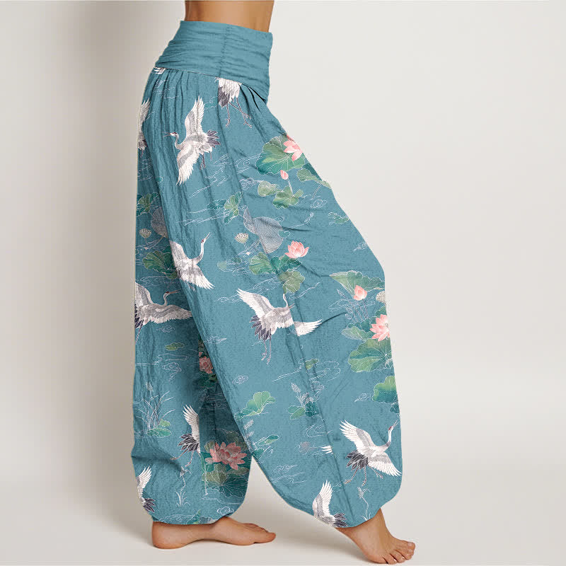 Buddha Stones Pantalones harem de algodón elegantes con estampado de grulla y loto para mujer con cintura elástica. - image 9