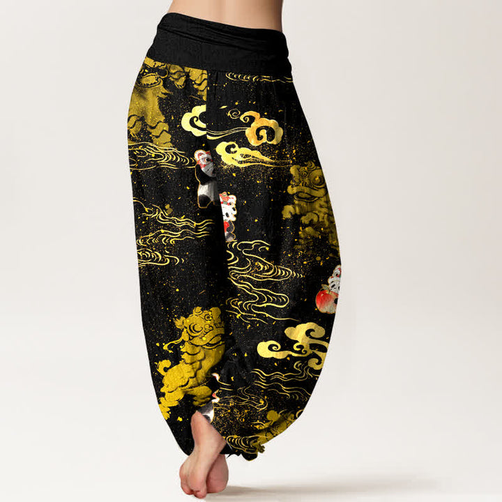 Buddha Stones Pantalones harem de algodón con estampado de nubes y bestias auspiciosas para mujer con cintura elástica. - image 1