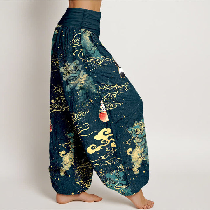 Buddha Stones Pantalones harem de algodón con estampado de nubes y bestias auspiciosas para mujer con cintura elástica. - image 6