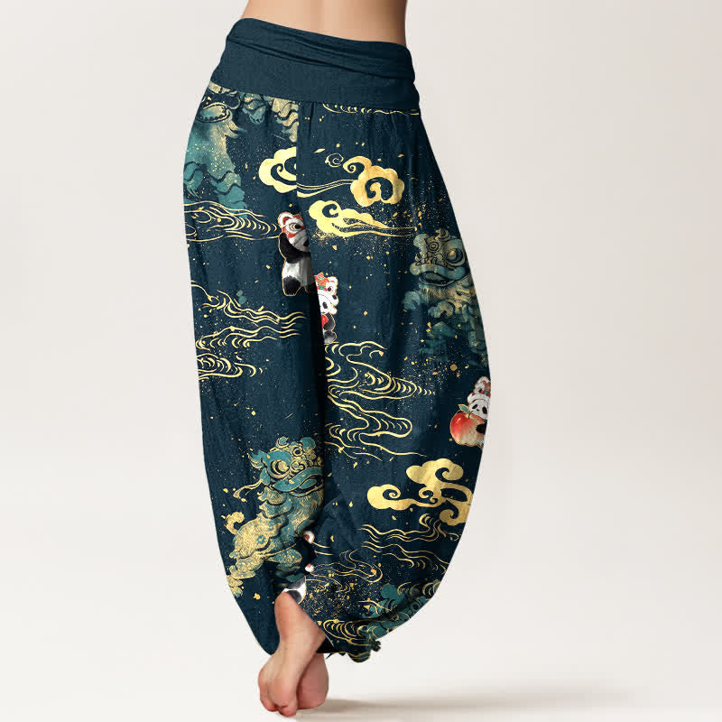 Buddha Stones Pantalones harem de algodón con estampado de nubes y bestias auspiciosas para mujer con cintura elástica. - image 7