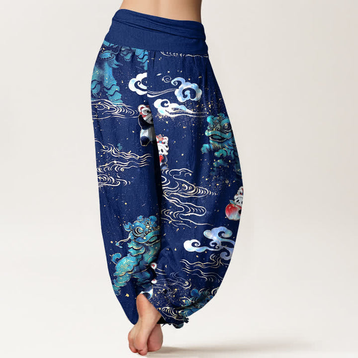 Buddha Stones Pantalones harem de algodón con estampado de nubes y bestias auspiciosas para mujer con cintura elástica. - image 10
