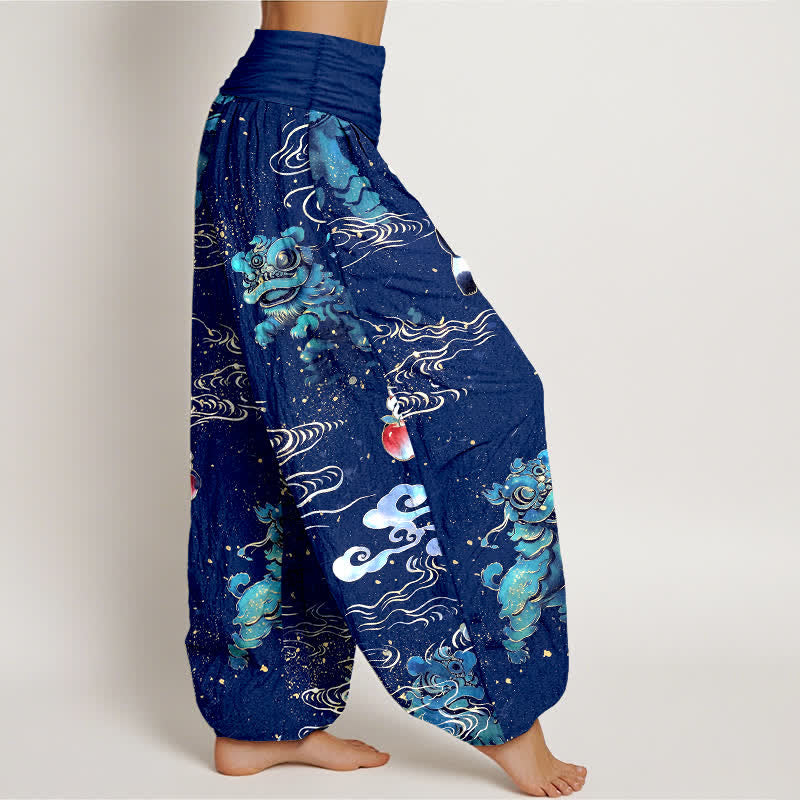 Buddha Stones Pantalones harem de algodón con estampado de nubes y bestias auspiciosas para mujer con cintura elástica. - image 9