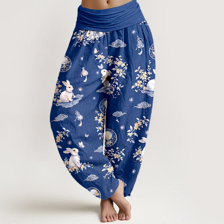Buddha Stones Pantalones harem de mujer con cintura elástica y estampado floral de conejos y luna de algodón. - Blanco - US16，UK/AU20，EU48 (3XL) - image 5