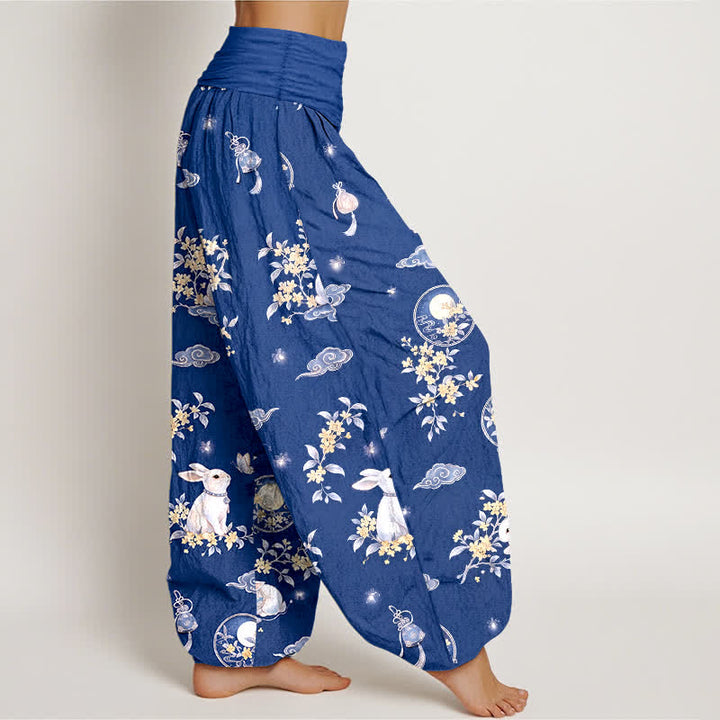 Buddha Stones Pantalones harem de mujer con cintura elástica y estampado floral de conejos y luna de algodón. - image 6