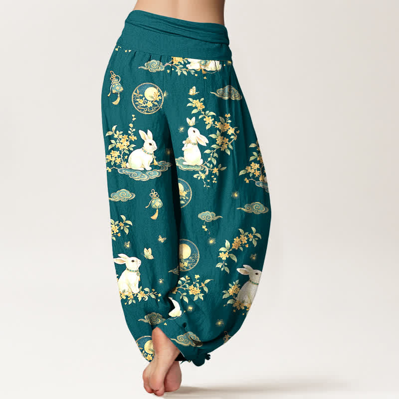 Buddha Stones Pantalones harem de mujer con cintura elástica y estampado floral de conejos y luna de algodón. - image 10