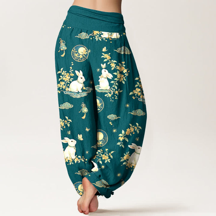 Buddha Stones Pantalones harem de mujer con cintura elástica y estampado floral de conejos y luna de algodón. - image 10