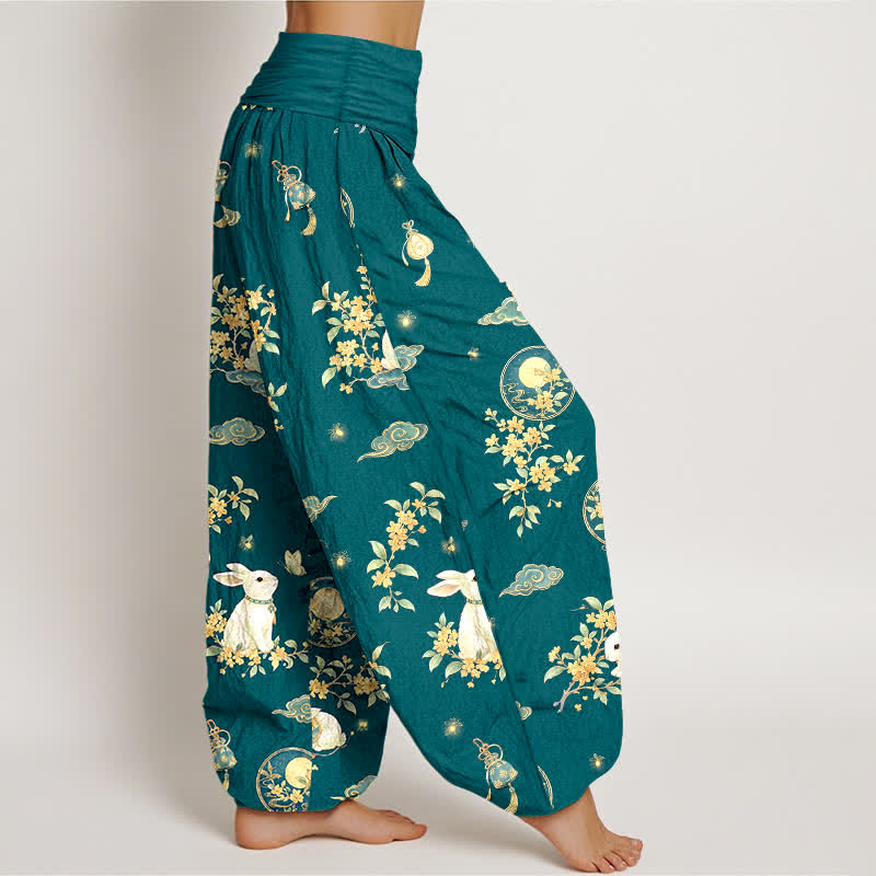 Buddha Stones Pantalones harem de mujer con cintura elástica y estampado floral de conejos y luna de algodón. - image 9