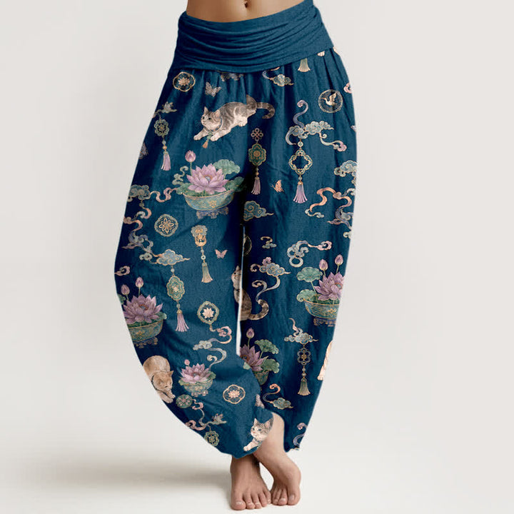 Buddha Stones Pantalones harem de mujer con cintura elástica y estampado de borlas de gato y loto de algodón para mujer - Marina de guerra - US16，UK/AU20，EU48 (3XL) - image 0