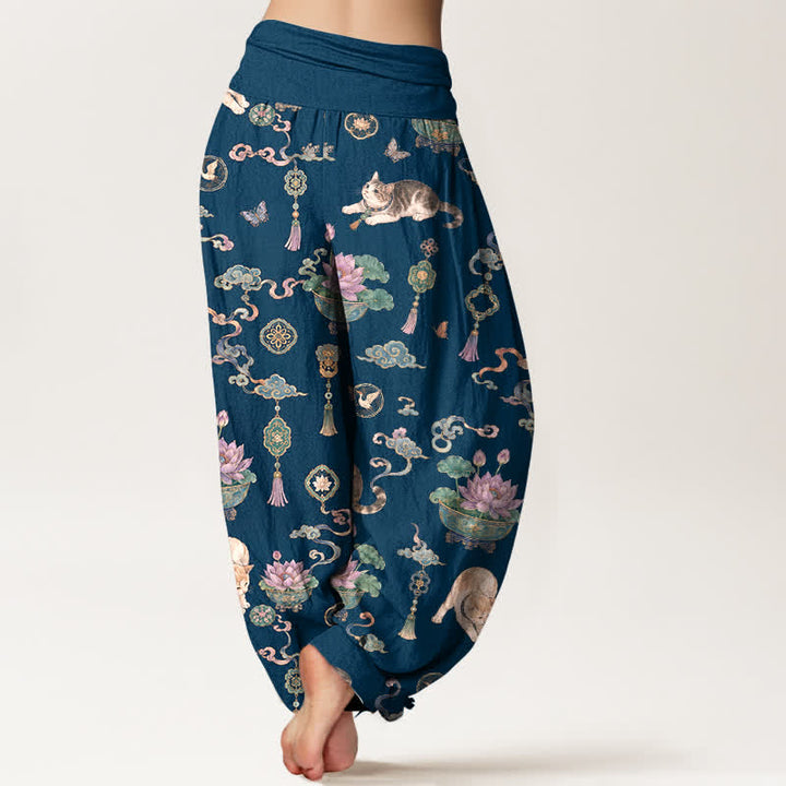 Buddha Stones Pantalones harem de mujer con cintura elástica y estampado de borlas de gato y loto de algodón para mujer - image 2