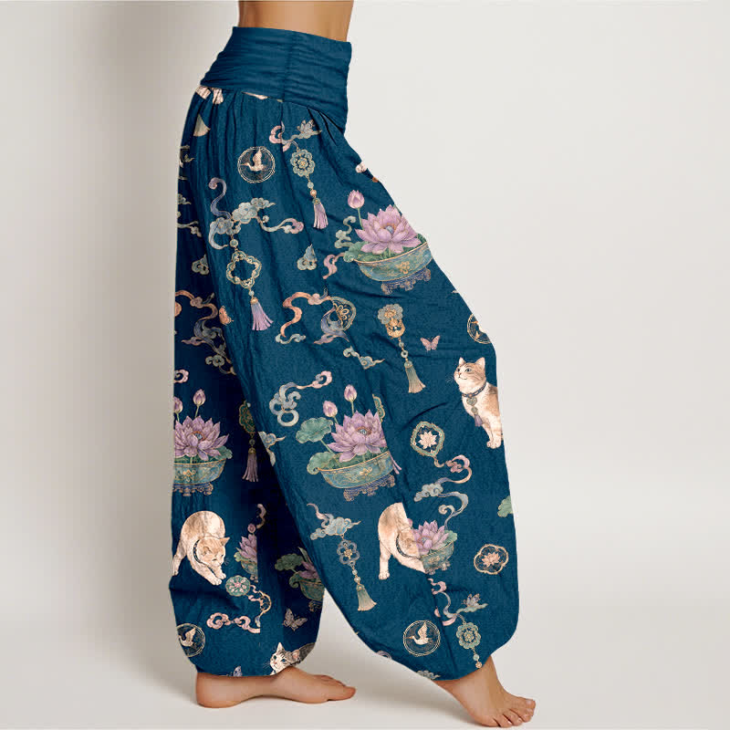 Buddha Stones Pantalones harem de mujer con cintura elástica y estampado de borlas de gato y loto de algodón para mujer - image 1