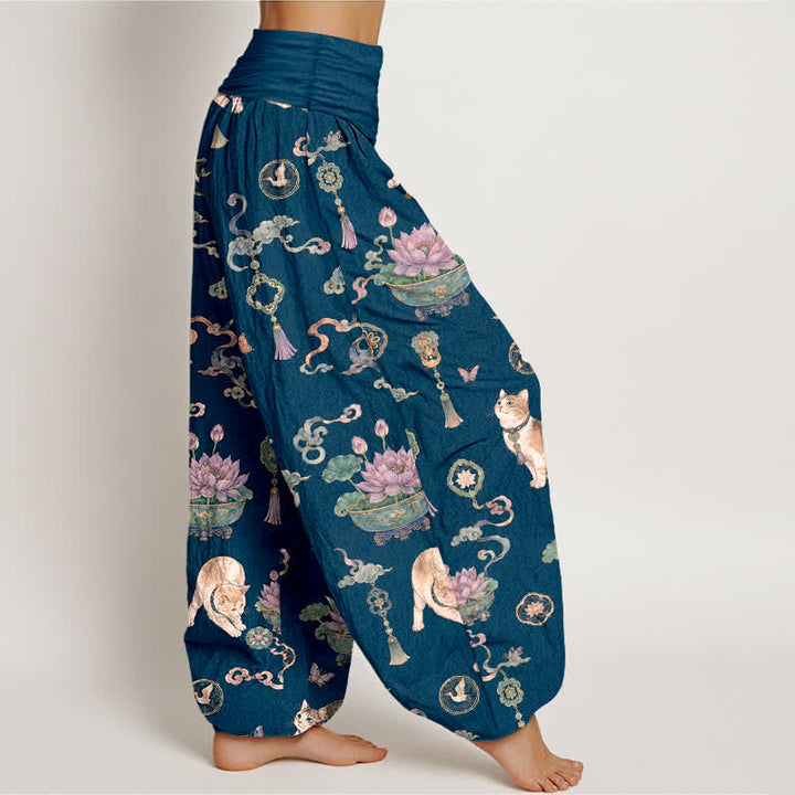 Buddha Stones Pantalones harem de mujer con cintura elástica y estampado de borlas de gato y loto de algodón para mujer - image 1