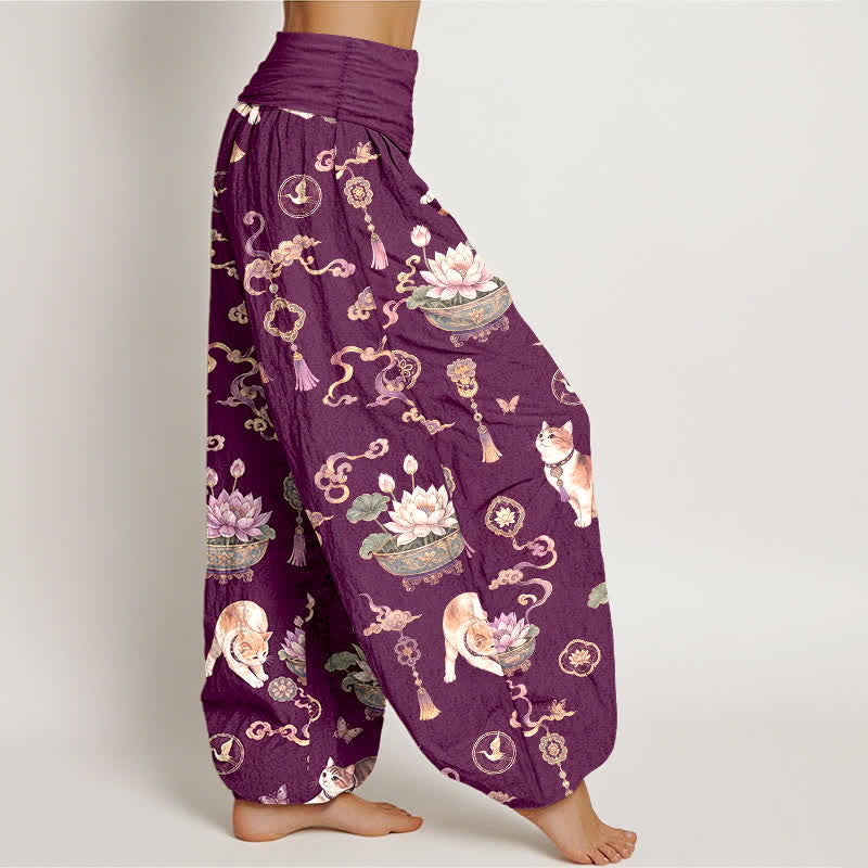 Buddha Stones Pantalones harem de mujer con cintura elástica y estampado de borlas de gato y loto de algodón para mujer - image 6