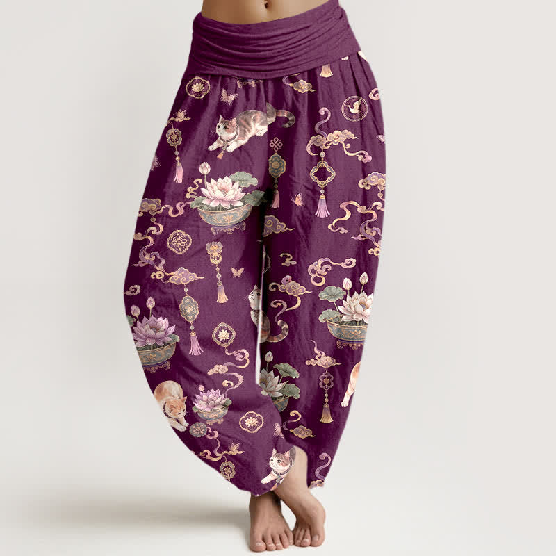Buddha Stones Pantalones harem de mujer con cintura elástica y estampado de borlas de gato y loto de algodón para mujer - Púrpura - US16，UK/AU20，EU48 (3XL) - image 5