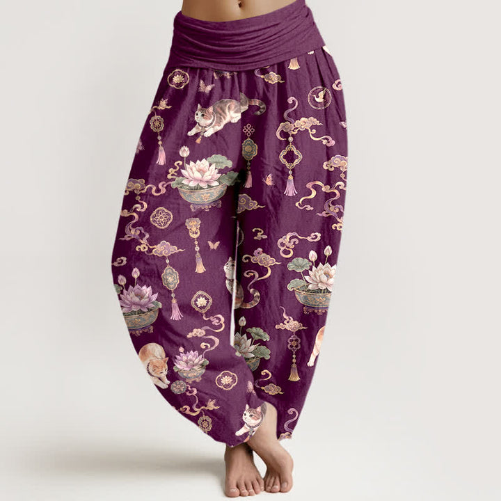 Buddha Stones Pantalones harem de mujer con cintura elástica y estampado de borlas de gato y loto de algodón para mujer - Púrpura - US16，UK/AU20，EU48 (3XL) - image 5