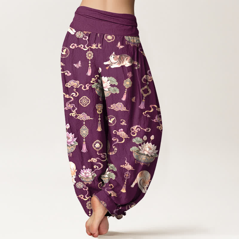 Buddha Stones Pantalones harem de mujer con cintura elástica y estampado de borlas de gato y loto de algodón para mujer - image 7