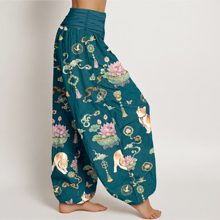 Buddha Stones Pantalones harem de mujer con cintura elástica y estampado de borlas de gato y loto de algodón para mujer - image 9