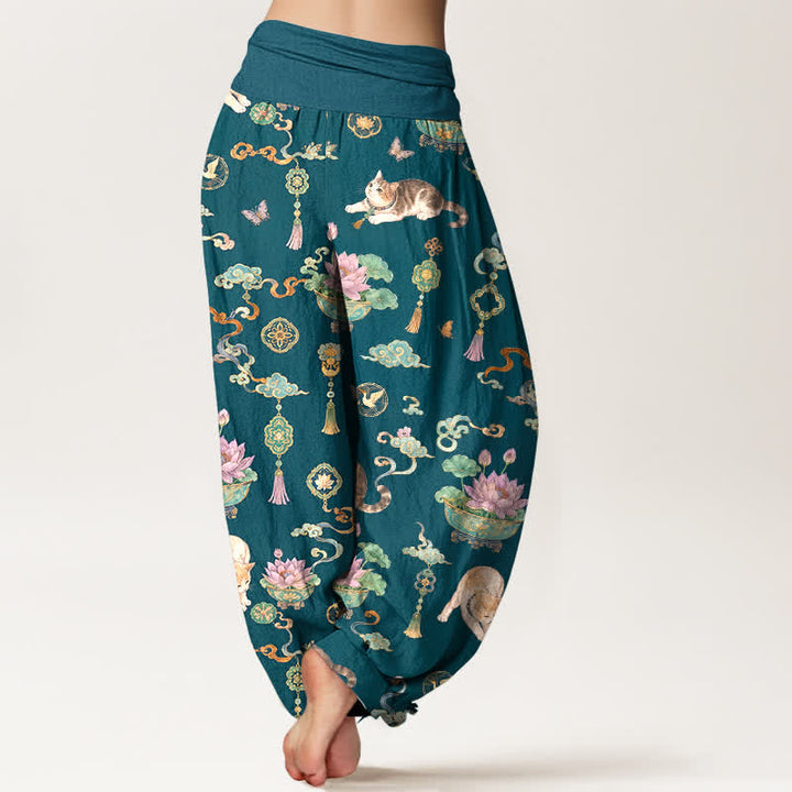 Buddha Stones Pantalones harem de mujer con cintura elástica y estampado de borlas de gato y loto de algodón para mujer - image 10