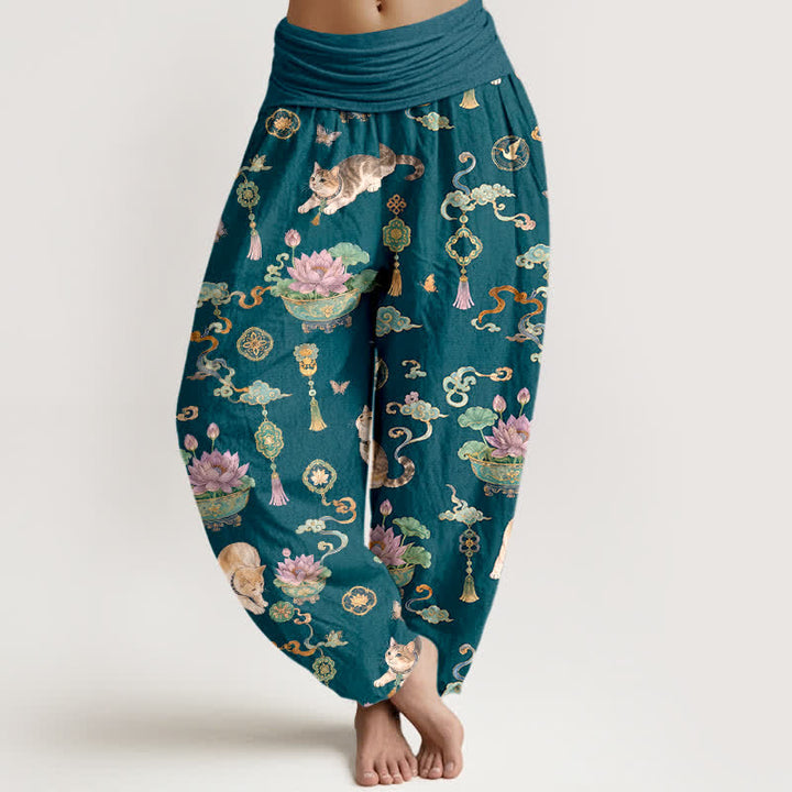 Buddha Stones Pantalones harem de mujer con cintura elástica y estampado de borlas de gato y loto de algodón para mujer - Verde azulado - US16，UK/AU20，EU48 (3XL) - image 8