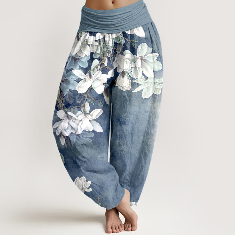 Buddha Stones Pantalones harem de mujer con cintura elástica y estampado de magnolias blancas de algodón. - Azul claro - US16，UK/AU20，EU48 (3XL) - image 5