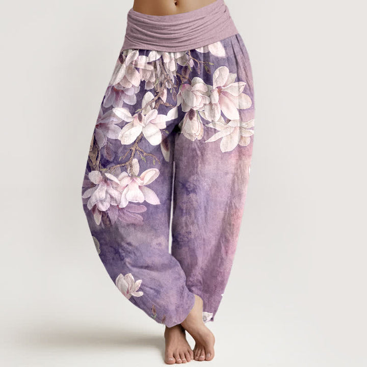 Buddha Stones Pantalones harem de mujer con cintura elástica y estampado de magnolias blancas de algodón. - Cardo - US16，UK/AU20，EU48 (3XL) - image 8