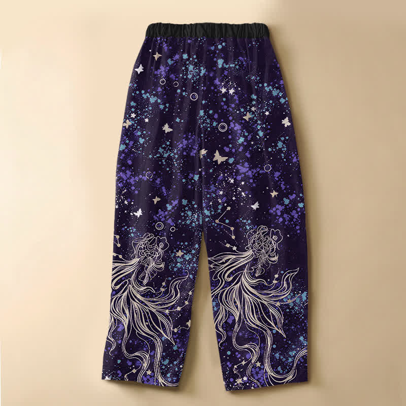 Buddha Stones Pantalones harem de algodón puro con estampado de mariposas, peces koi y botones de rana para mujer, con cintura elástica y bolsillos. - image 6