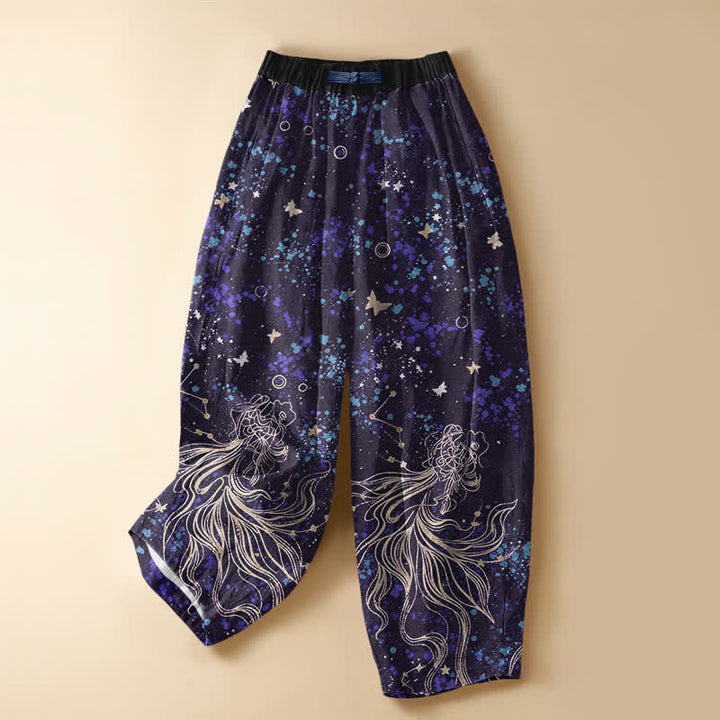 Buddha Stones Pantalones harem de algodón puro con estampado de mariposas, peces koi y botones de rana para mujer, con cintura elástica y bolsillos. - Índigo - US16，UK/AU20，EU48 (3XL) - image 5