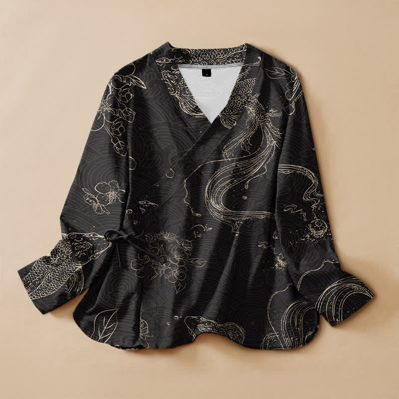 Buddha Stones Kimono de manga larga para mujer con cuello en V, estampado floral de carpas koi y cordones, de algodón. - Negro - US16，UK/AU20，EU48 (3XL) - image 0