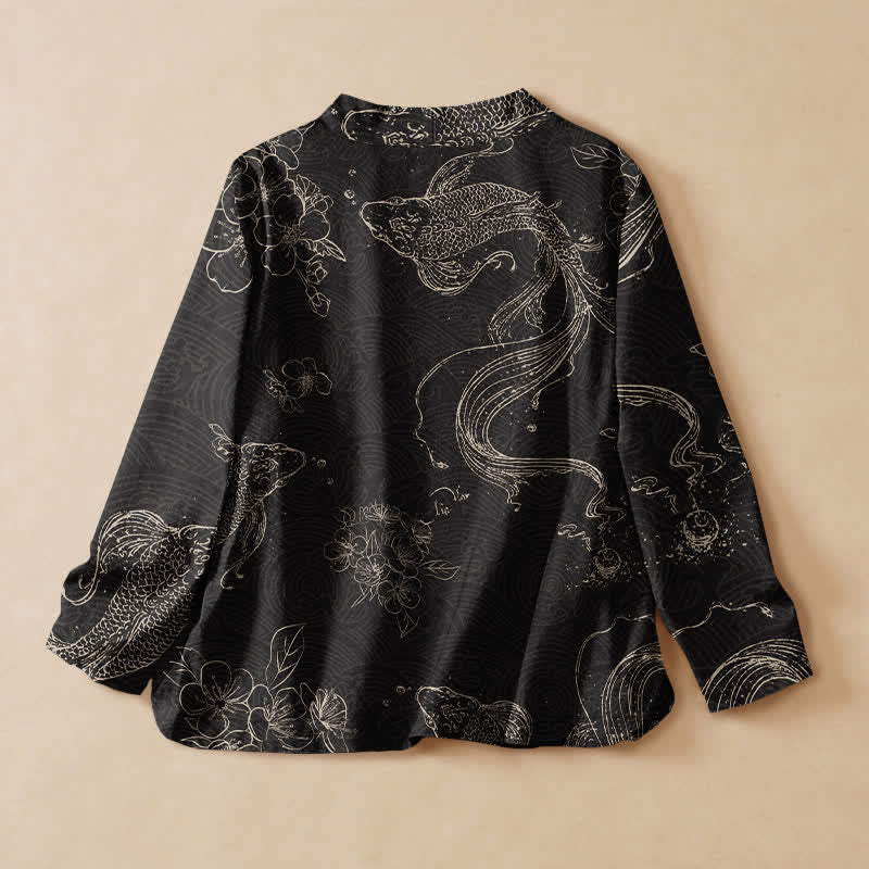 Buddha Stones Kimono de manga larga para mujer con cuello en V, estampado floral de carpas koi y cordones, de algodón. - image 1