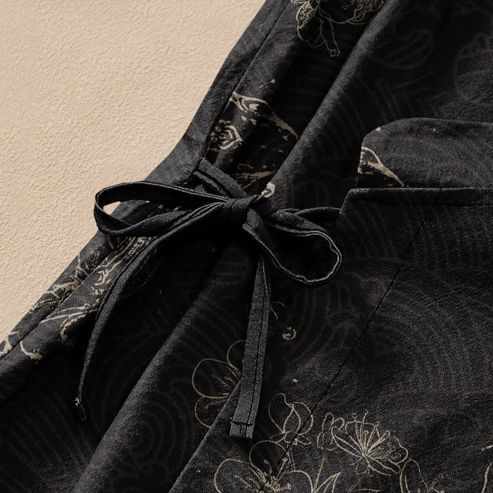 Buddha Stones Kimono de manga larga para mujer con cuello en V, estampado floral de carpas koi y cordones, de algodón. - image 3