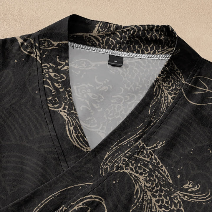 Buddha Stones Kimono de manga larga para mujer con cuello en V, estampado floral de carpas koi y cordones, de algodón. - image 2