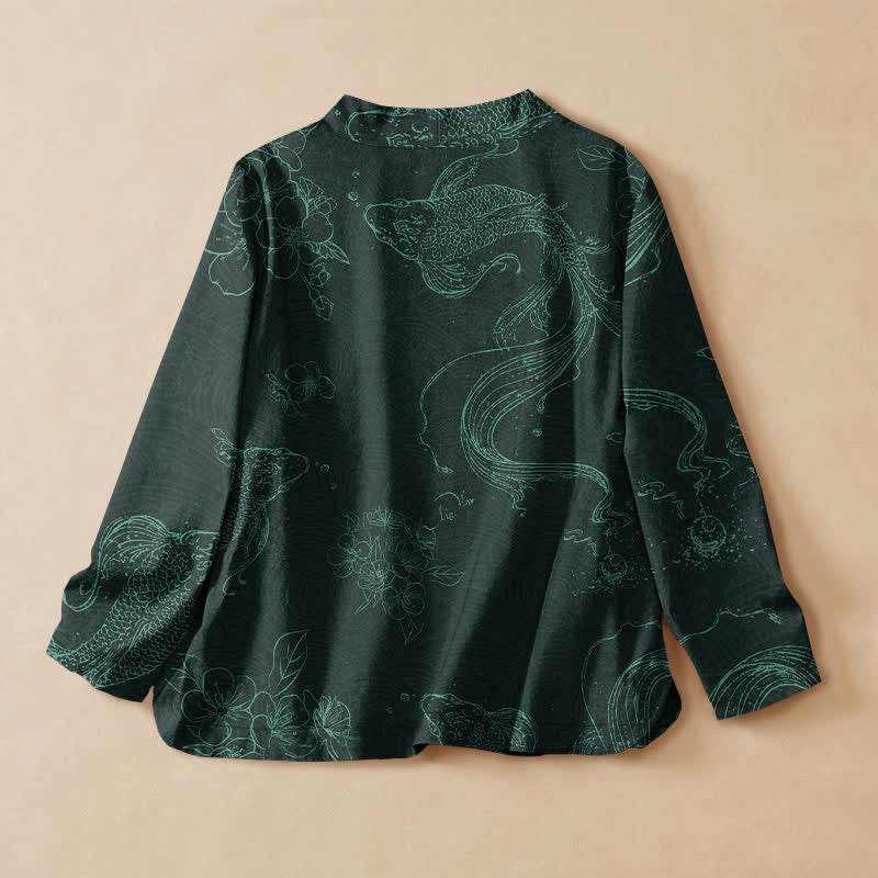 Buddha Stones Kimono de manga larga para mujer con cuello en V, estampado floral de carpas koi y cordones, de algodón. - image 6