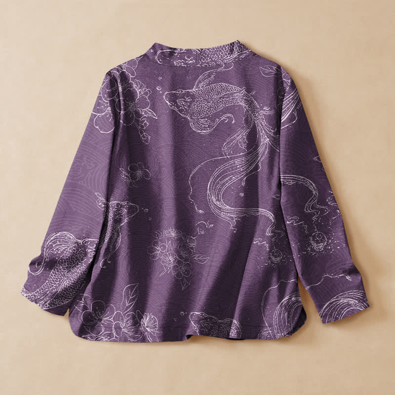 Buddha Stones Kimono de manga larga para mujer con cuello en V, estampado floral de carpas koi y cordones, de algodón. - image 8