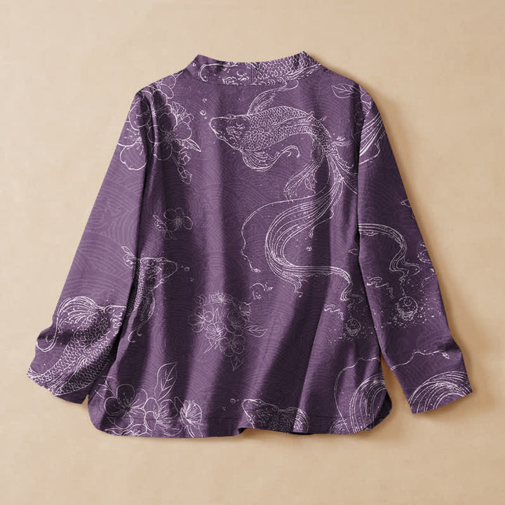 Buddha Stones Kimono de manga larga para mujer con cuello en V, estampado floral de carpas koi y cordones, de algodón. - image 8