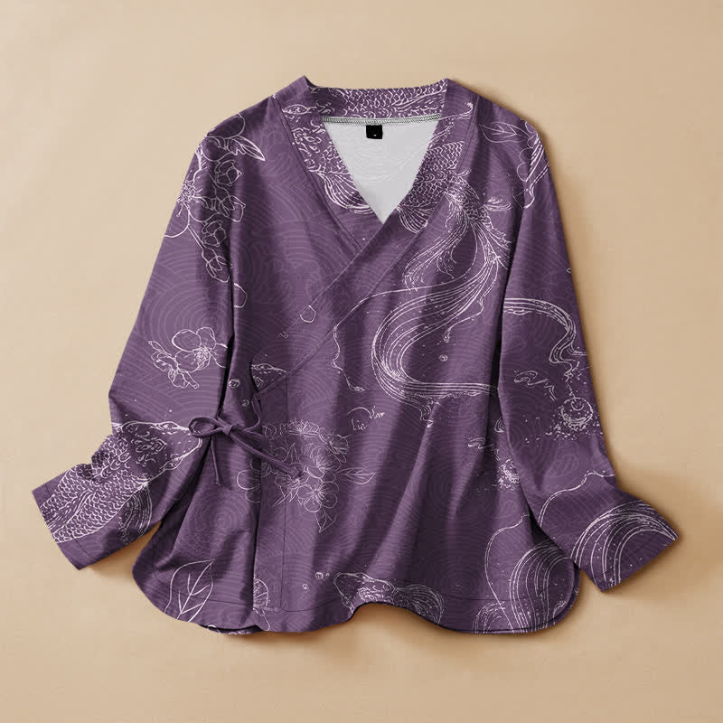 Buddha Stones Kimono de manga larga para mujer con cuello en V, estampado floral de carpas koi y cordones, de algodón. - Orquídea Oscura - US16，UK/AU20，EU48 (3XL) - image 7