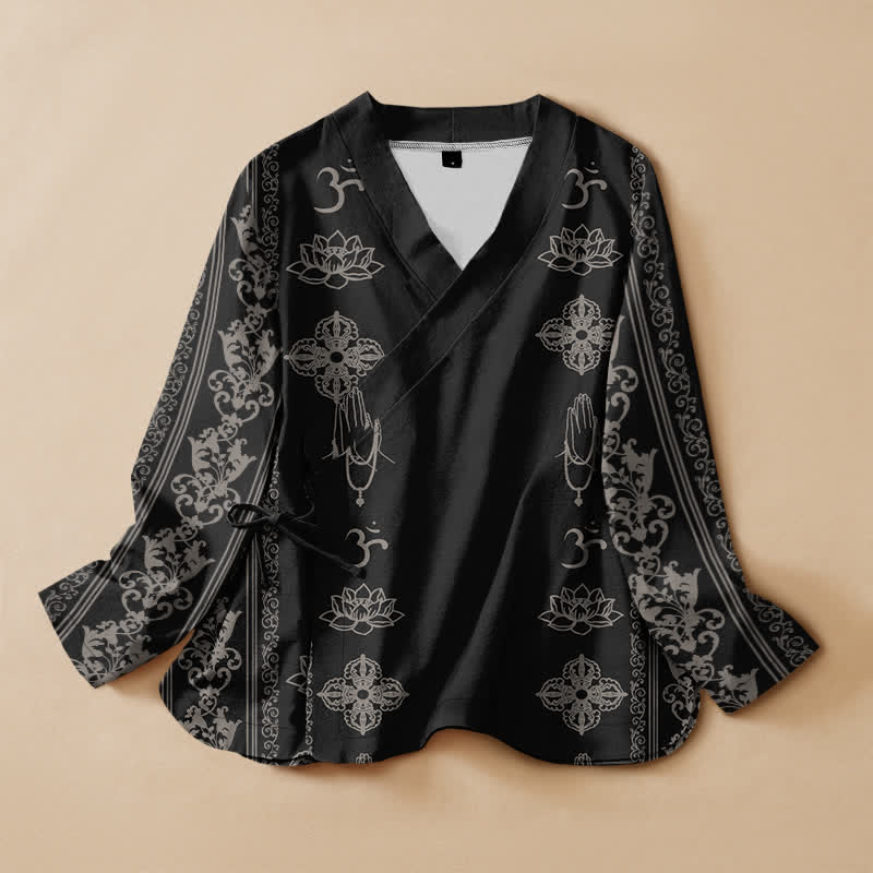 Buddha Stones Kimono de manga larga para mujer, estilo Hanfu, con cuello en V y cordones, estampado de loto de algodón y diseño Om. - Negro - US16，UK/AU20，EU48 (3XL) - image 0