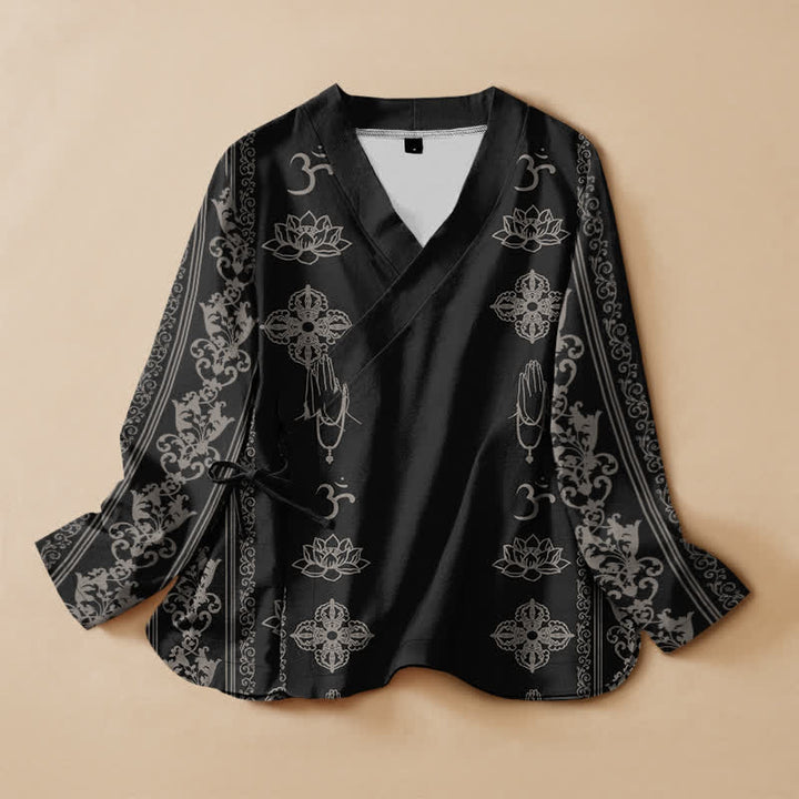 Buddha Stones Kimono de manga larga para mujer, estilo Hanfu, con cuello en V y cordones, estampado de loto de algodón y diseño Om. - Negro - US16，UK/AU20，EU48 (3XL) - image 0